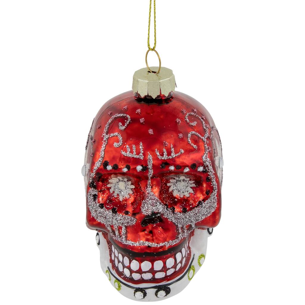 Day of the Dead Skull Head Glitter Glass Christmas Ornament - 3.5" - Red
