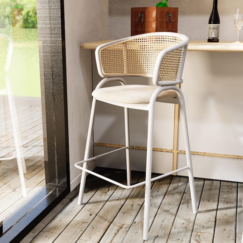 LeisureMod Ervilla Modern Wicker Leather Bar Stool with Curved Back & White Stainless Steel Frame for Home & Kitchen