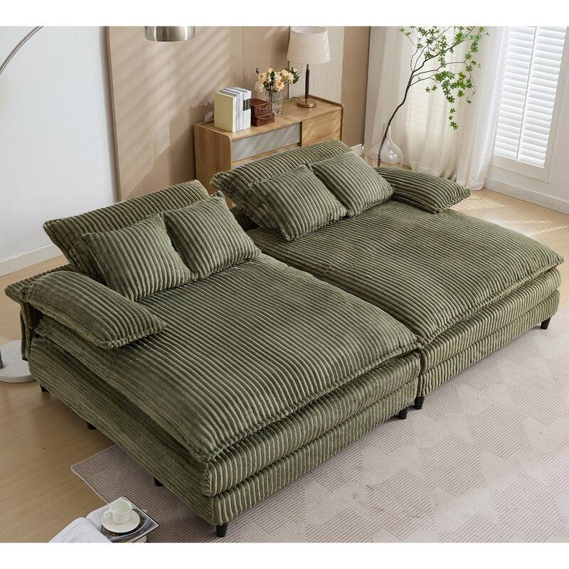109" W Oversized Corduroy Lounge Chaise Sleeper Sofa 4 Pillows