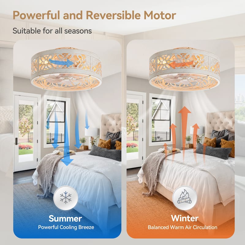 16.5" Vintage Caged Ceiling Fan with Lights, 7 ABS Blades, Remote Control, 6-Speed DC Motor, Small Fandelier