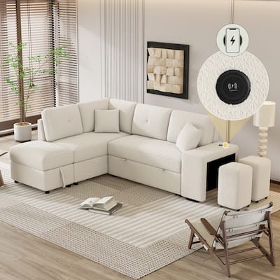 87.7" Convertible Sleeper, Sectional Pull Out Sofa Bed with Storage Ottoman, 2 Throw Pillows, 2 Stools, Wireless Charger and Two
