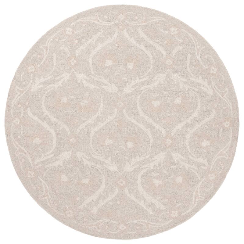 SAFAVIEH Handmade Blossom Luisete Ogee Wool Rug - 6' Round - Silver/Ivory