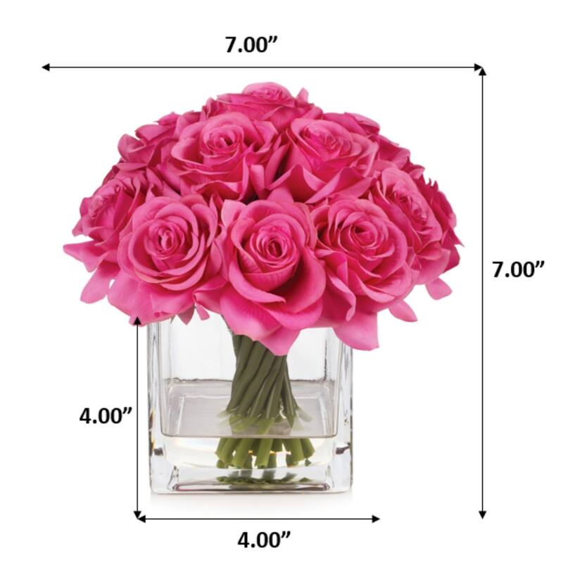 Enova Home Artificial Silk Rose Flowers in Cube Glass Vase with Faux Water for Home Office Decoration - N/A