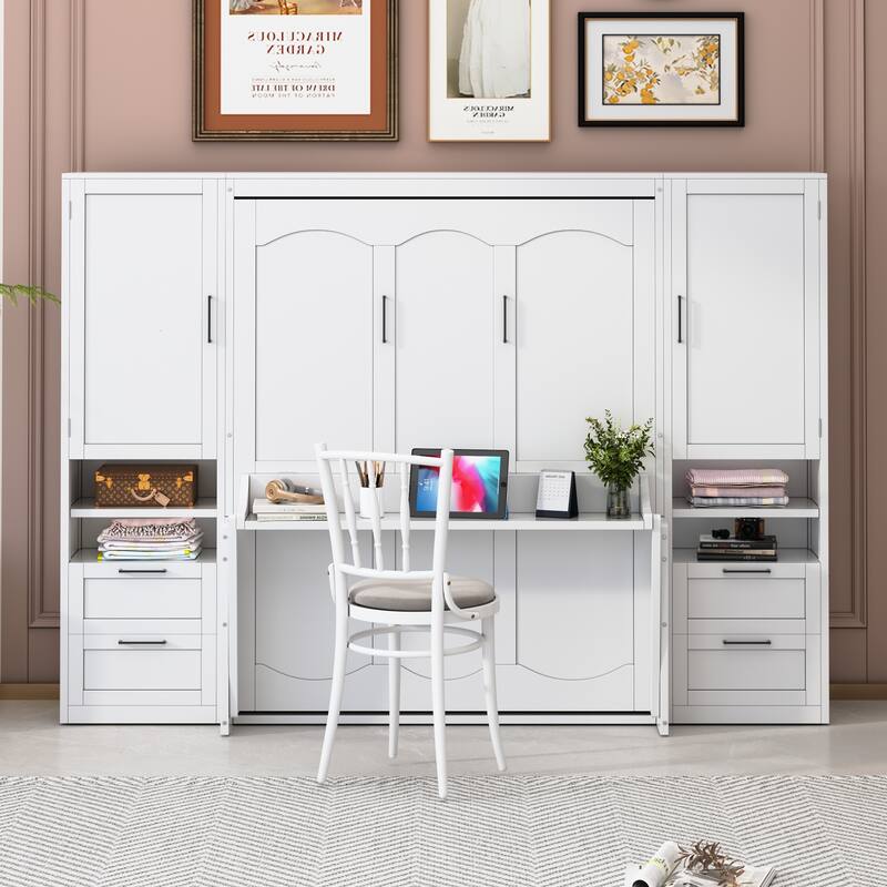 Queen Size Murphy Bed Hidden Wall Bed with Both Sides Closet Drawers and Storage Shelves, Space-Saving Versatile Murphy Bed - White - Queen