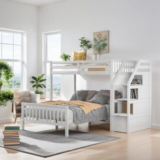 Elegant Twin over Full Loft Bed with Staircase, Ladder with 3 Storage Grids, Sturdy Construction & Safety Guaranteed, White
