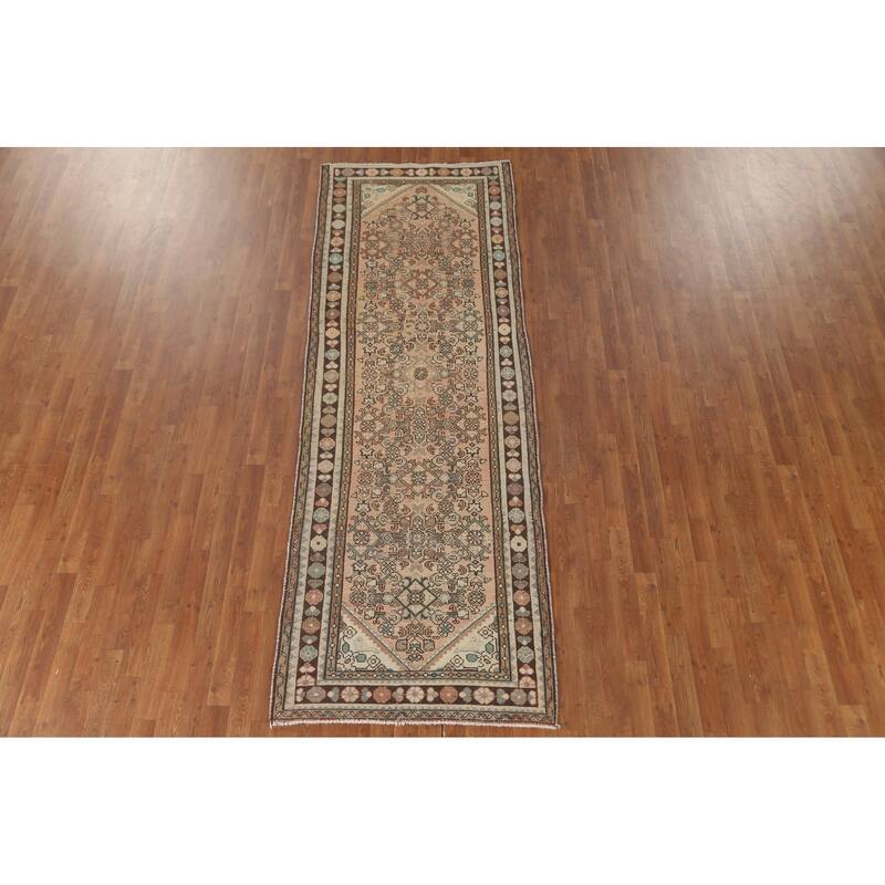 Hamedan Persian Vintage Runner Rug Hand-Knotted Wool Carpet - 3'5" x 9'11"