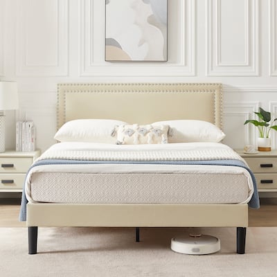 Upholstered Platform Bed Frame with Adjustable Headboard, Velvet Nailhead Trim, No Box Spring Needed
