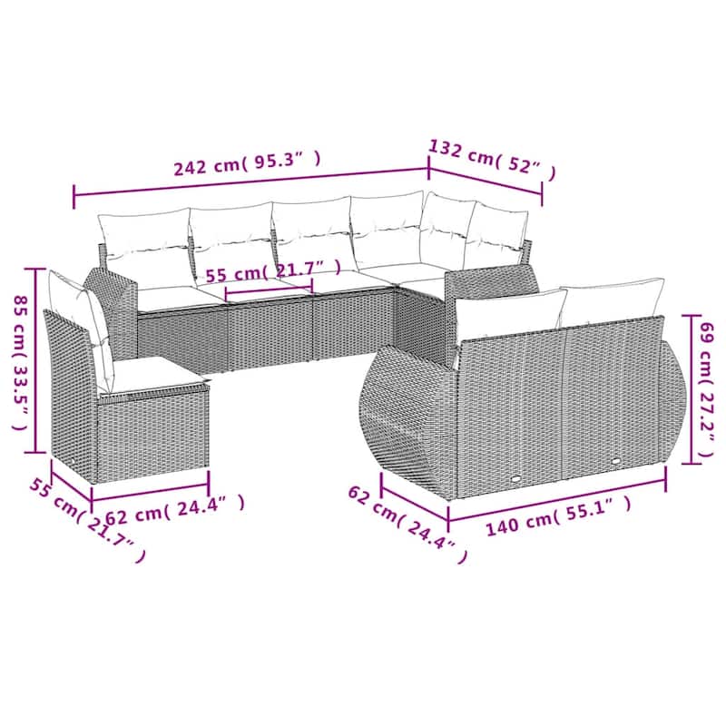 vidaXL 8 Piece Patio Sofa Set with Cushions Grey Poly Rattan - 24.4" x 24.4" x 27.2"