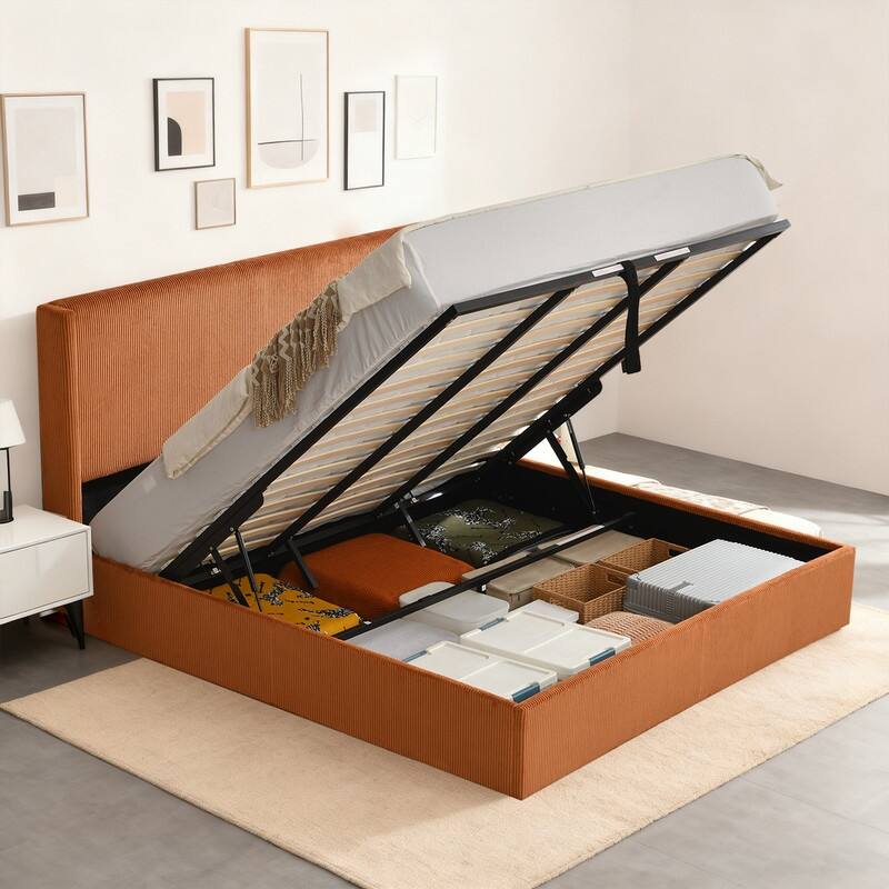 Lift Up Storage Platform Bed with Minimalist Headboard - Orange - King
