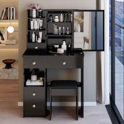 29.2" Small Size Left Drawer Desktop Vanity Table + Cushioned Stool, Extra Large Right sliding mirror