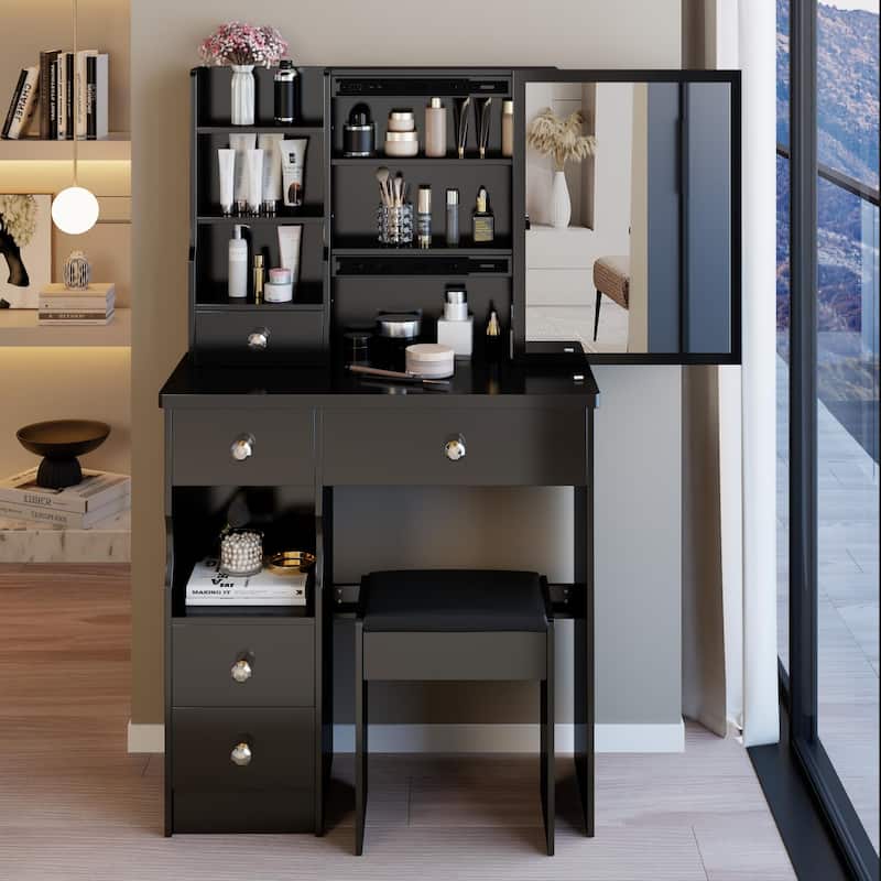 29.2"Small Size Left Drawer Desktop Vanity Table + Cushioned Stool,Extra Large Sliding mirror,Multi Layer High Capacity Storage - Black