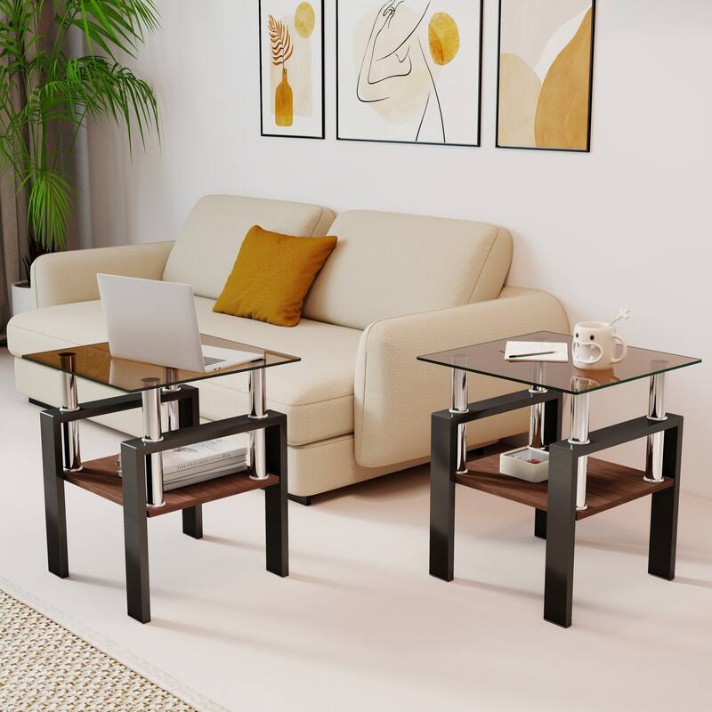 Set of 2, Modern Tempered Glass Tea Table, Tempered Glass Tabletop with MDF Layer, Coffee Table, Square Table - Black