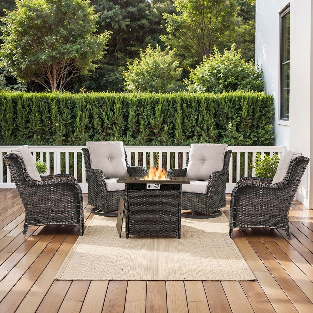 Gymojoy 5-Piece Outdoor Furniture Conversation Set, 2 Swivel Chairs, 2 Patio Chairs & 55K BTU Fire Pit Table