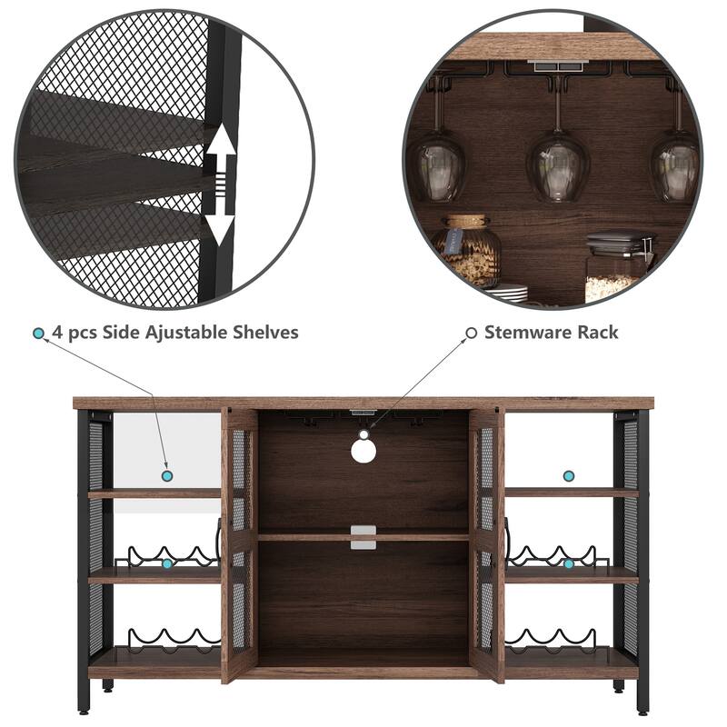 Industrial Wine Bar Cabinet Wood Buffet Cabinet Wine Rack Sideboard - 55“W
