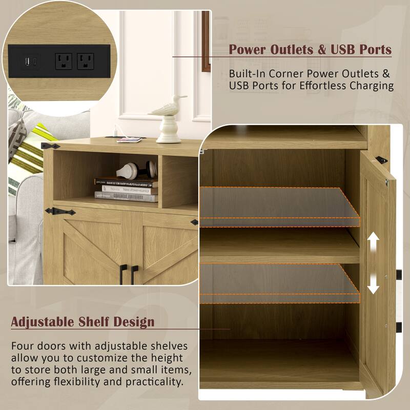 4-Door Wooden Sideboard, Buffet Cabinet with Power Outlets & USB Ports, Storage Cabinet with Adjustable Shelves & Open Shelves