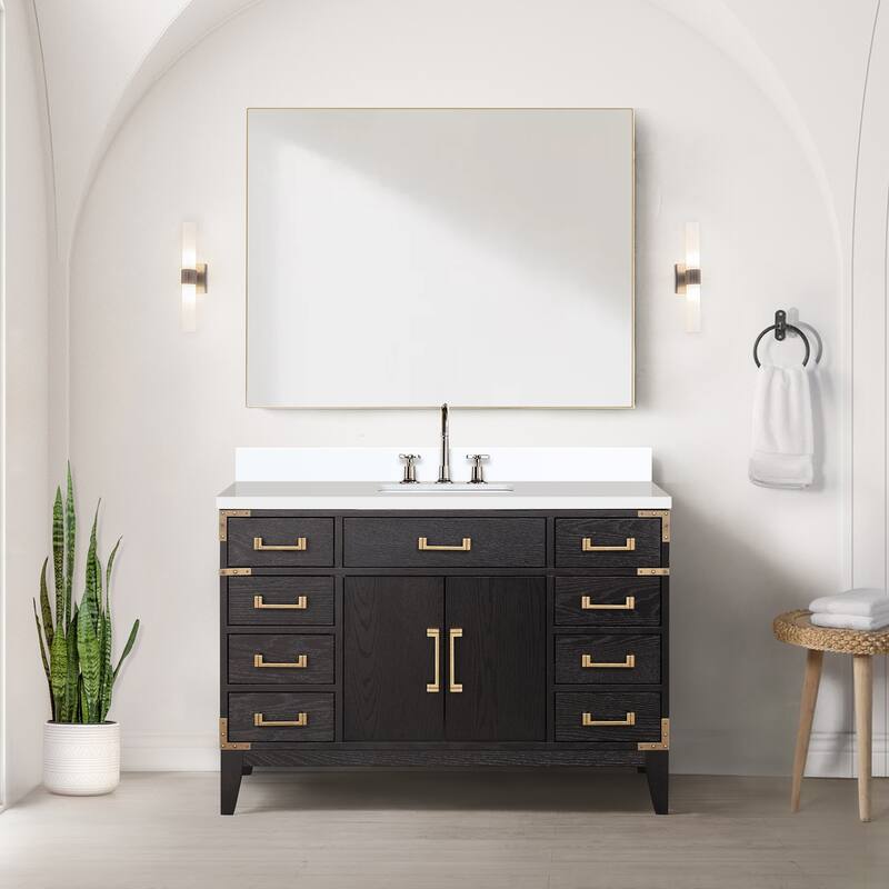 Laurel 48 in W x 22 in D Black Oak Single Bath Vanity, White Quartz Top, Faucet Set, and 46 in Mirror