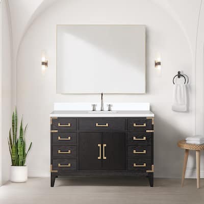 Laurel 48 in W x 22 in D Black Oak Single Bath Vanity, White Quartz Top, and 46 in Mirror