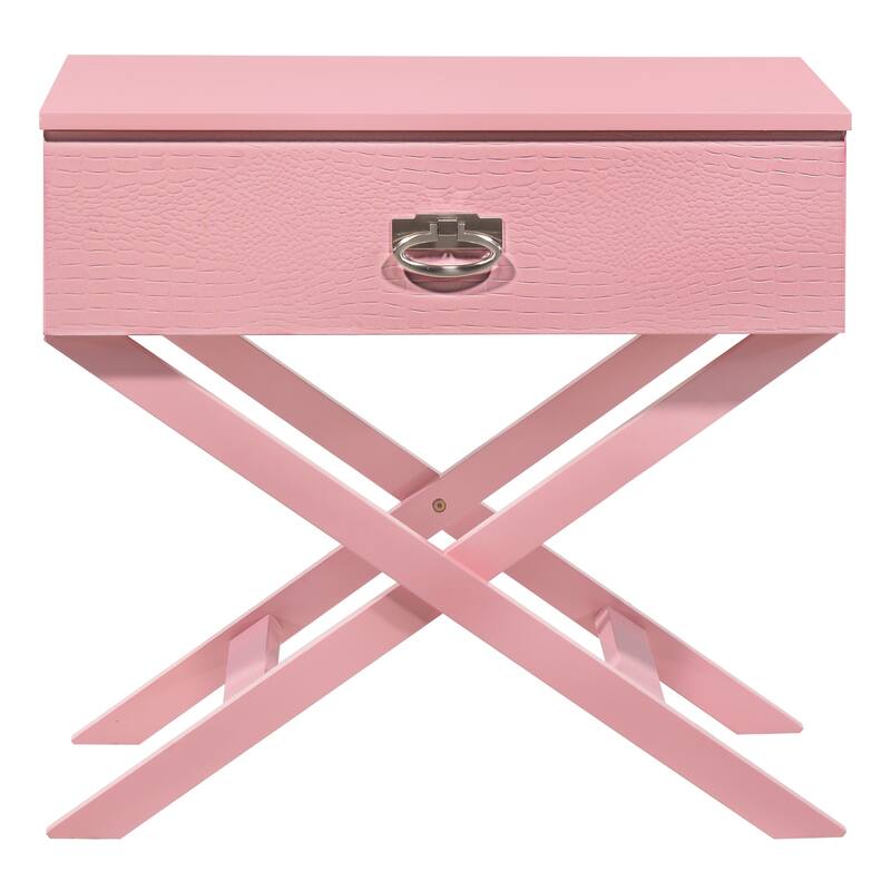 Pink Nightstand with Croc Textured Drawer Front, 25x27x16 Stylish Contemporary Bedside Table with Storage Drawer