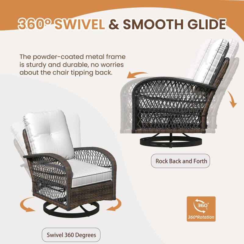 Outdoor Swivel Rocker Bistro Set - 3 Piece Wicker Patio Set with Swivel Rocking Chairs, Cushions, and Tempered Glass Side Table