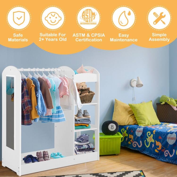 Kids Dress-Up Armoire with Mirror & Storage Wooden Costume Closet Organizer for Toddlers