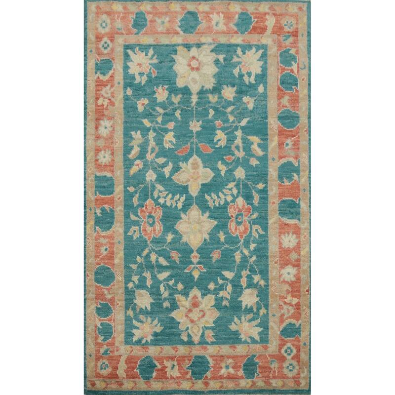 Hand Knotted Oriental 100% Wool Carpet Transitional All-Over Green Oushak Area Rug - 4' 11'' X 3' 0''