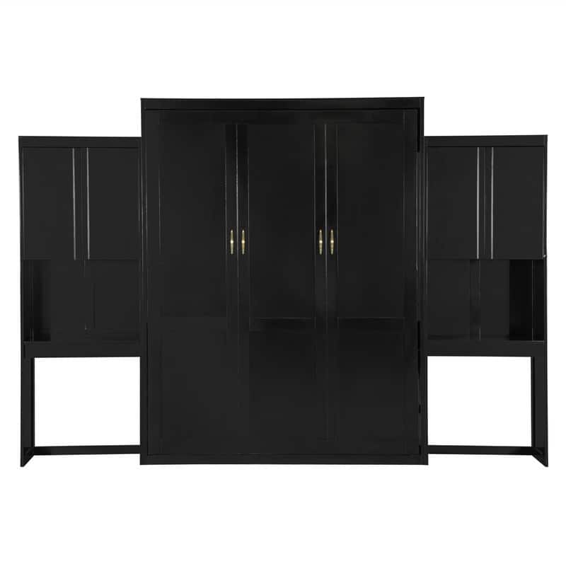 Queen Size Murphy Bed Wall Bed with Desk, Mirror and Vanity, Wooden Foldable Murphy Cabinet Bed with Storage Cabinets