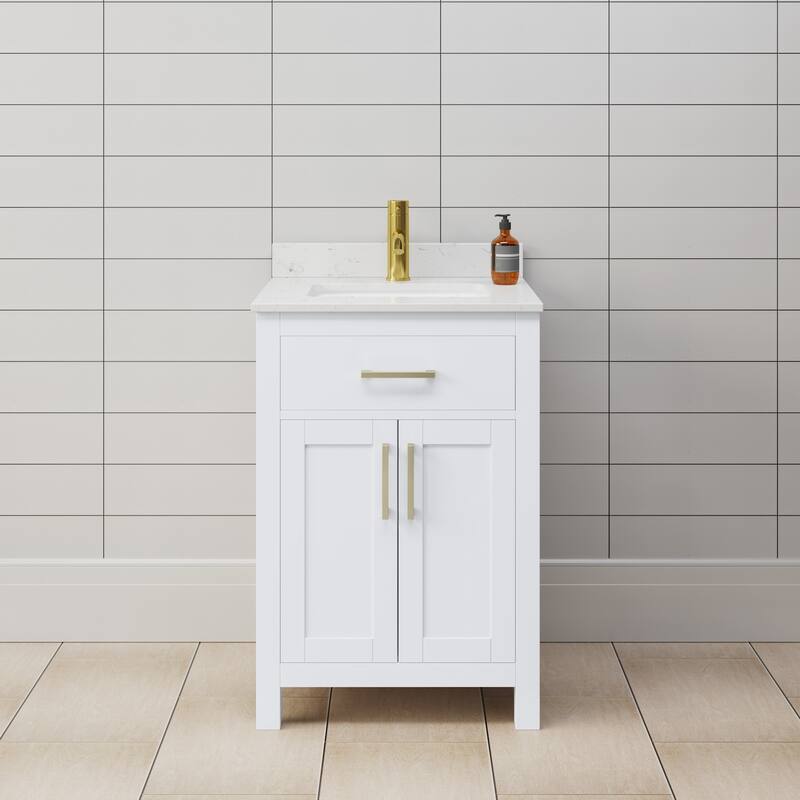 Wyndham Collection WCG242424S-VCA-MXX Beckett 24" Free Standing Single - White / Carrara Cultured Marble Top / Brushed Gold