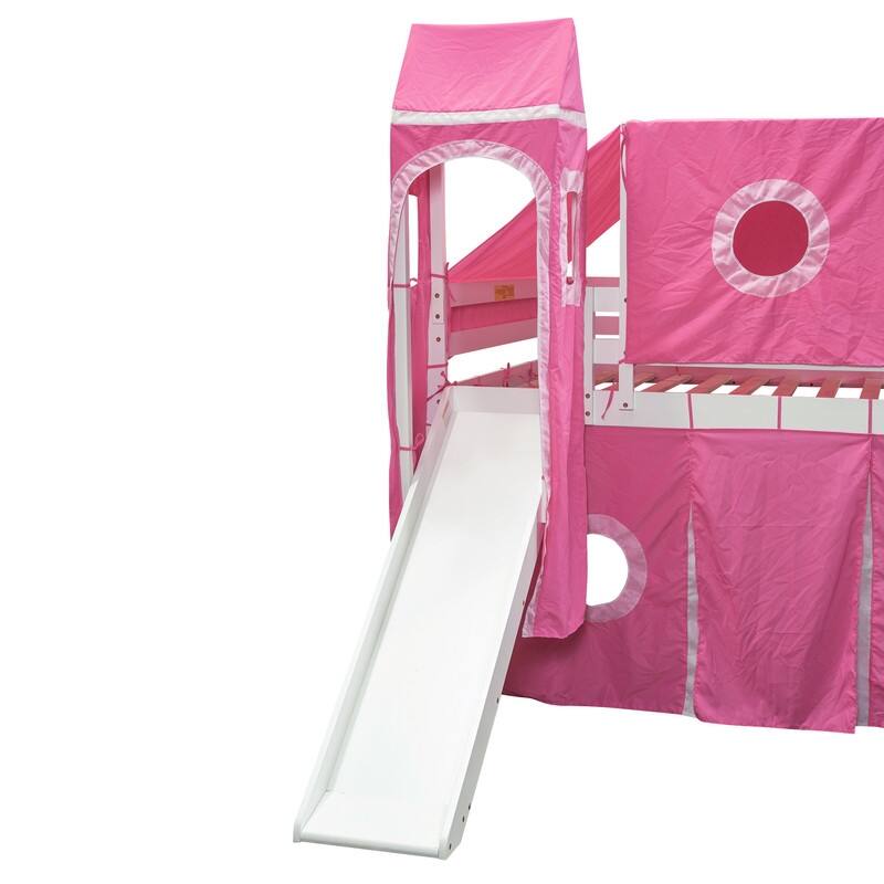 Wooden Full Size Loft Bed with Tent and Tower
