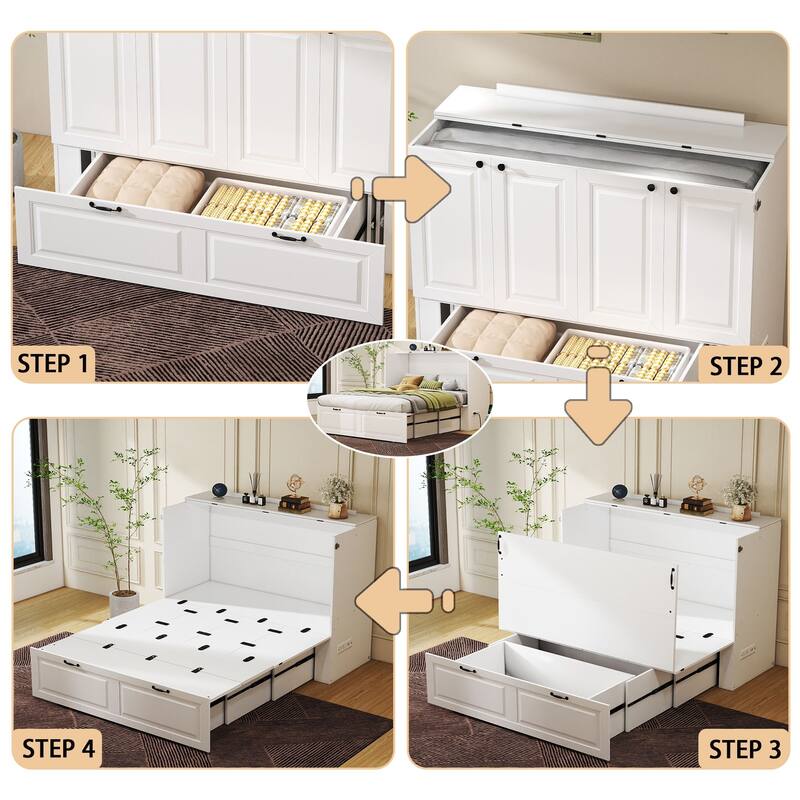 Murphy Bed Cabinet with Charging Port and Storage Drawer, White