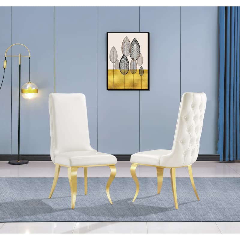 White leather dining chairs with gold legs - Set of 2 - White/Gold