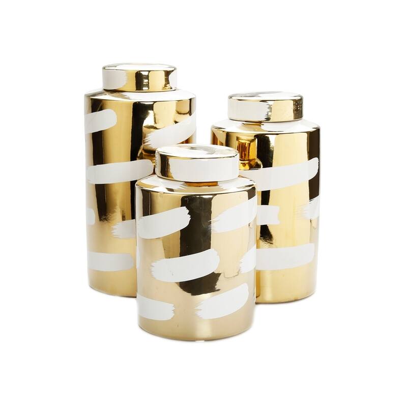Gold Porcelain Jar With Cover White Brush Design