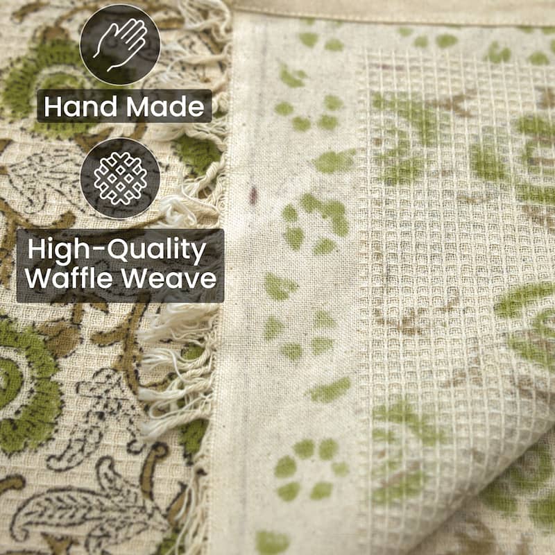 Fabdivine Honeycomb or Waffle Weave Hand Block Floral Print Hand Towel, Kitchen Gift Use