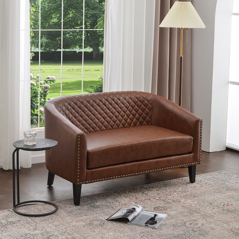 KINWELL 50"W Tufted Faux Leather Upholstered Small Loveseat Sofa
