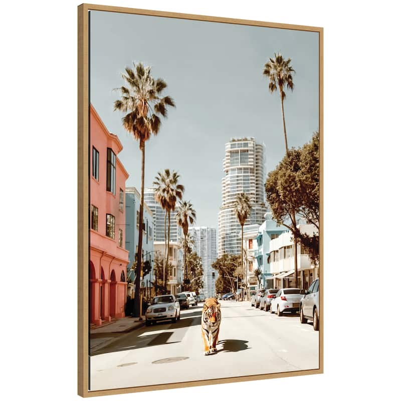 Kate and Laurel Sylvie California Tiger Roaming through Palm Springs Framed Canvas by Michael Schauer - 28x38 - Brown