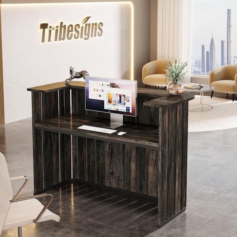 63" Reception Desk with Counter, Modern U-Shaped Front Desk, Retail Checkout Counter Table