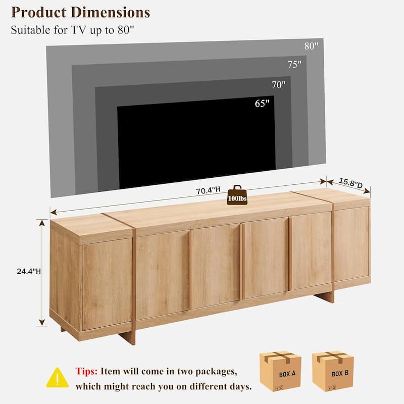 Modern 70" TV Stand, Entertainment Center, Handle-Free Hidden Design