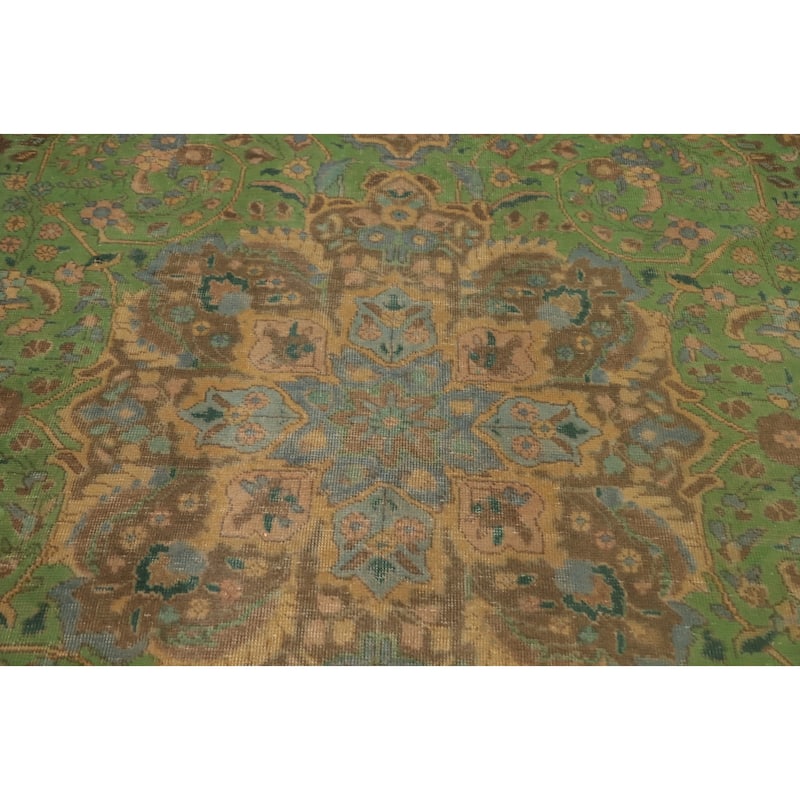 Hand Knotted Oriental 100% Wool Carpet Traditional Floral Green Tabriz Area Rug - 9' 5'' X 6' 4''