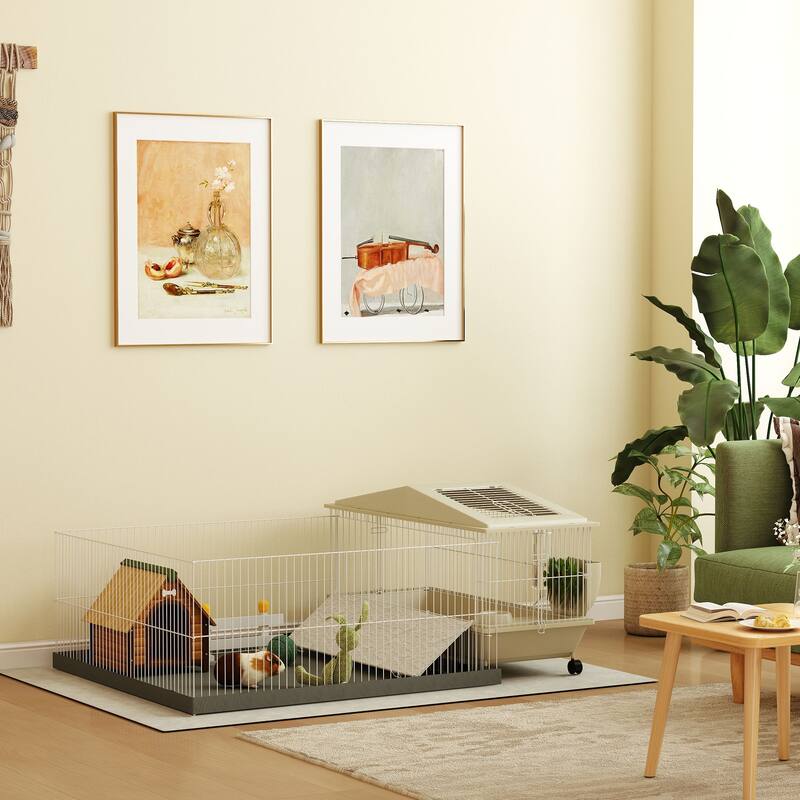 PawHut Small Animal Cage with Removable Pet Playpen, Guinea Pig Cage with Waterproof Pad, Hay Feeder