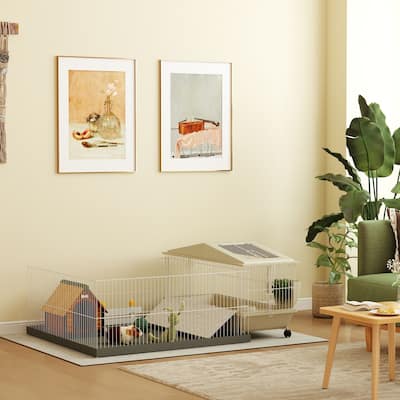 Pet Cage with Expandable Play Area, Wheels and Lambskin-Lined Door - 54.3" L x 39.8" W x 22.4" H