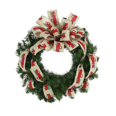 26 in Wreath with truck printed bow - Red, Green - 26Hx26Wx9D