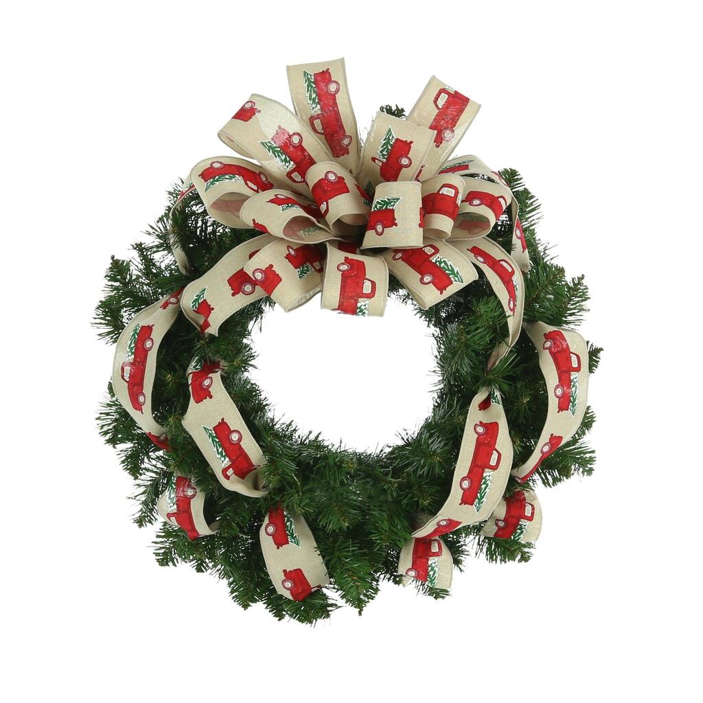 26 in Wreath with truck printed bow - Red, Green - 26Hx26Wx9D