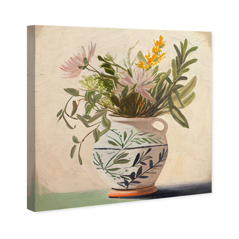 Wynwood Studio Canvas Floral and Botanical Mediterranean Olive Floral Vase Green and Vanilla Traditional Wall Art Canvas Print