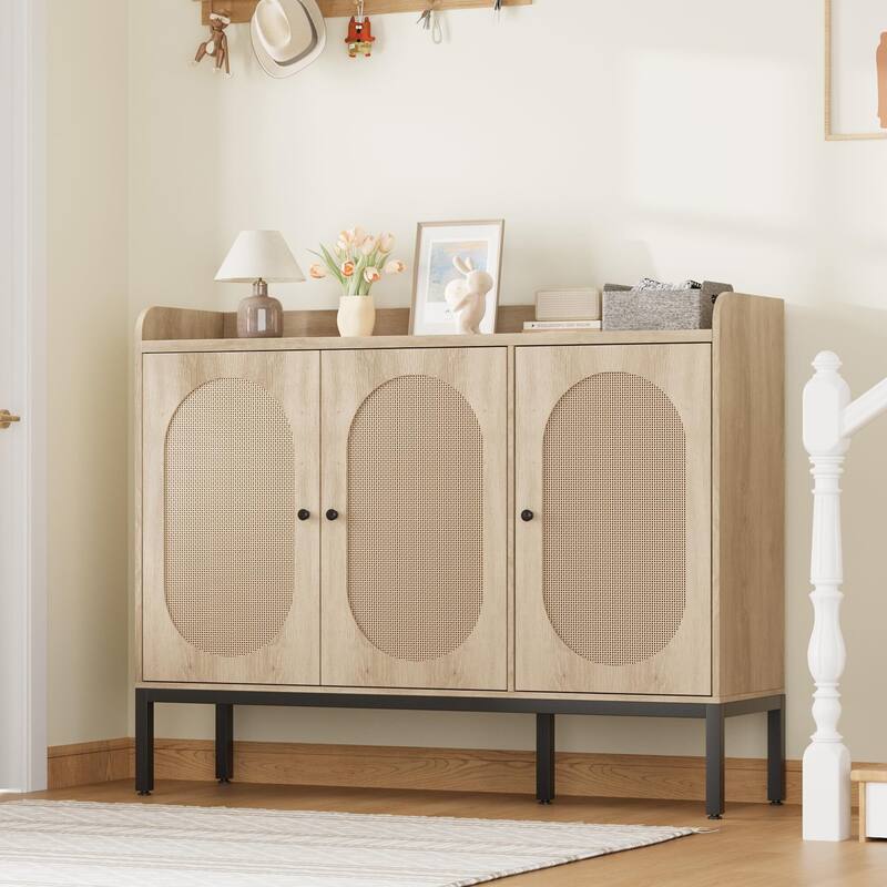 Rattan 3-Door Shoe Cabinet with Adjustable Shelves - Natural
