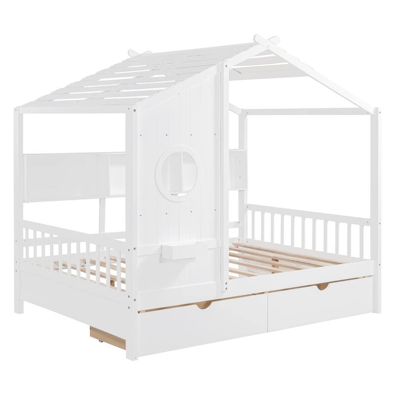 Full Size House Bed with 2 Drawers and Storage Shelf, White