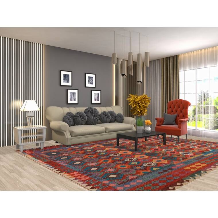 Reversible Kilim Area Rug Flatweave Geometric Wool Carpet - 8'7" x 11'4"