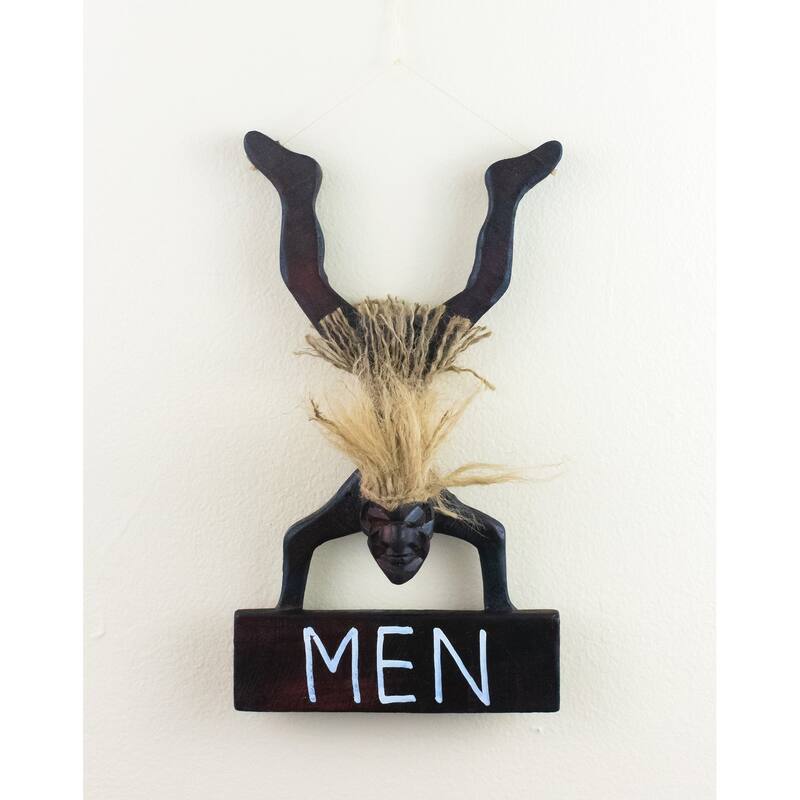 Wooden Handmade Primitive Tribal Statue Men Bathroom Restroom Sign Wall