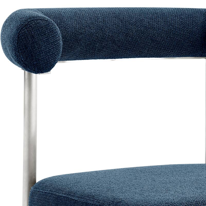 Shany Dining Chair Set of 2, Curved Back Brushed Steel, Blue Polyester