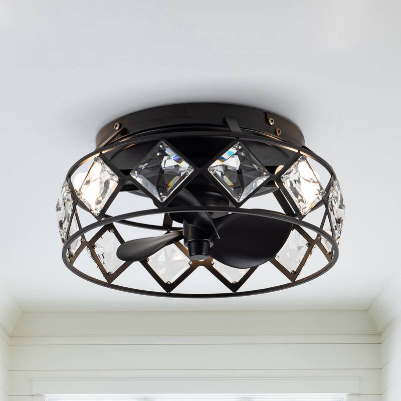 12.2" Black Small Caged Crystal Ceiling Fan Ceiling Light with Remote