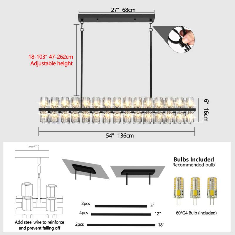 Rectangular Luxurious Crystal Chandelier for Living Room & Dining Room, Black Frame with K9 Crystals
