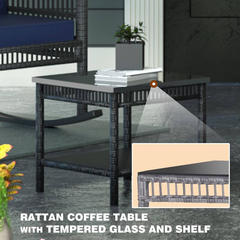 VEIKOUS 3-Piece Outdoor Wicker Patio Porch Rocking Chair and Rattan Coffee Table Set with Cushions and Pillows